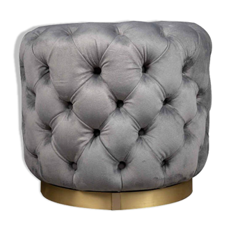 Boho round buttoned taupe pouf with brass base