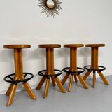 Set of 4 solid elm wood bar stools, vintage 70s design