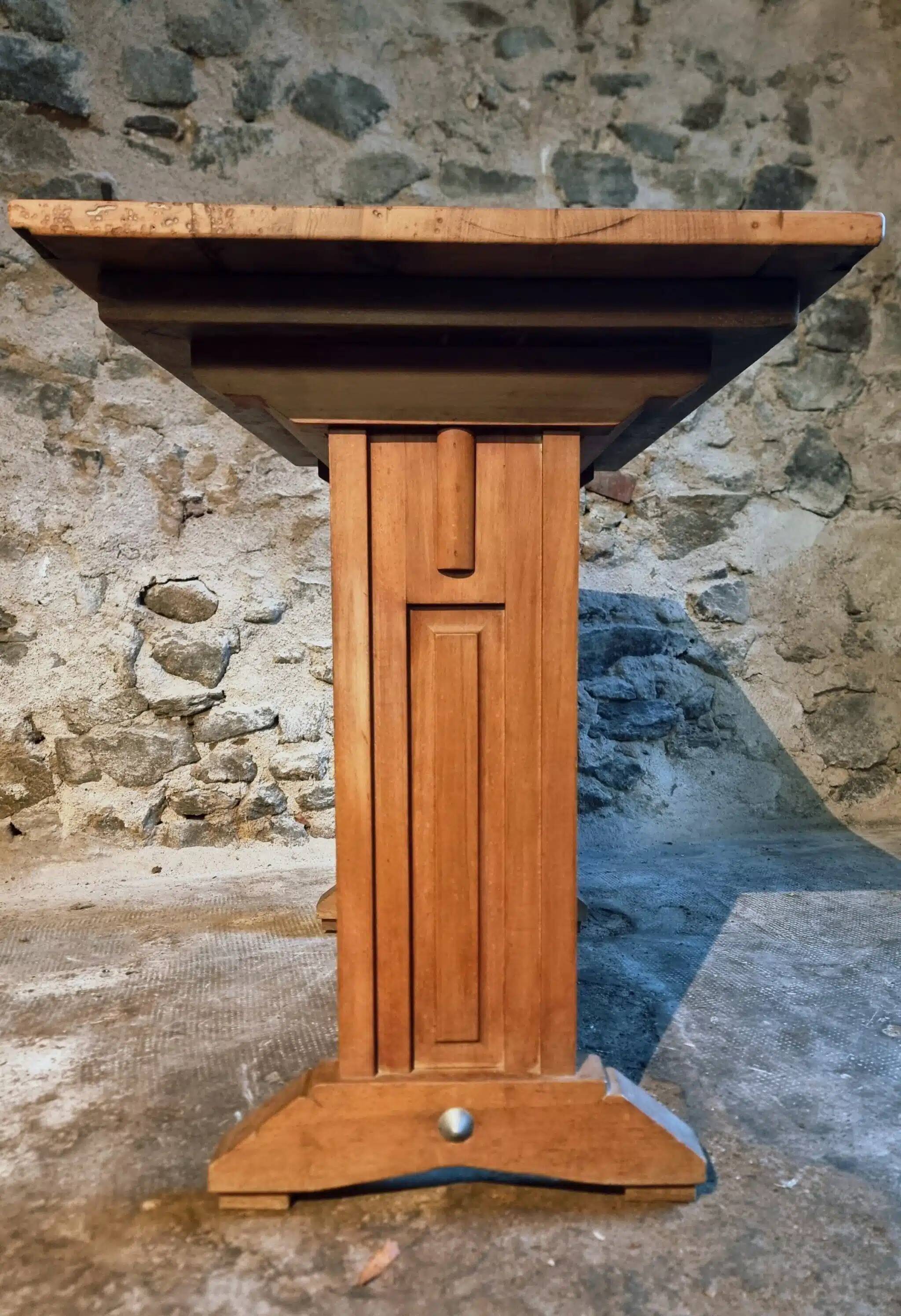 Vintage 1930s French bistro table – beech base, walnut top and nickel-plated stand