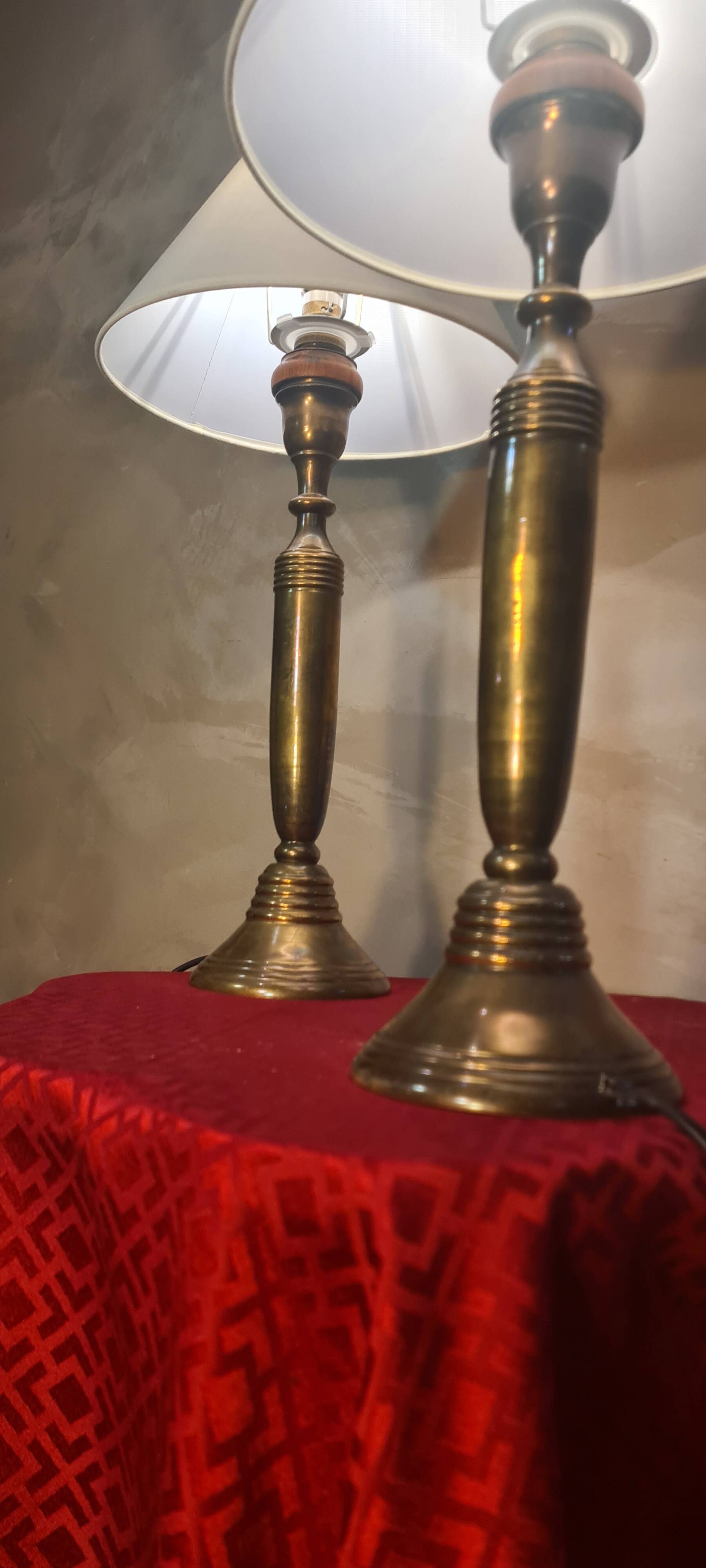 Pair of large solid brass lamps 1940, off-white lampshade 50x25