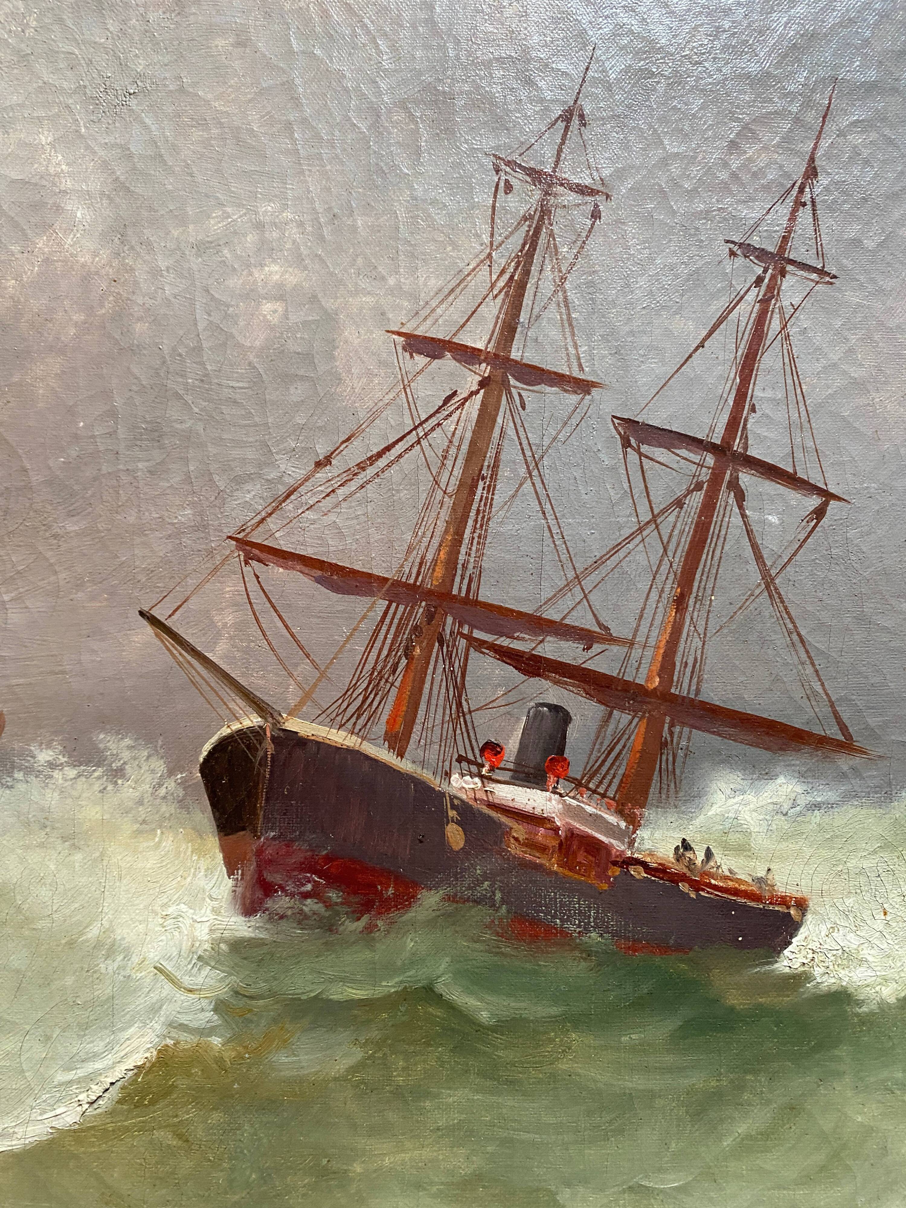 19th century HST painting "Boat in heavy weather" signed C. Lion + frame