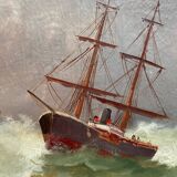 19th century HST painting "Boat in heavy weather" signed C. Lion + frame