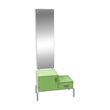 Table de coiffeuse Bauhaus en verre vert tchèque avec miroir et cadre en chrome, années 1930
