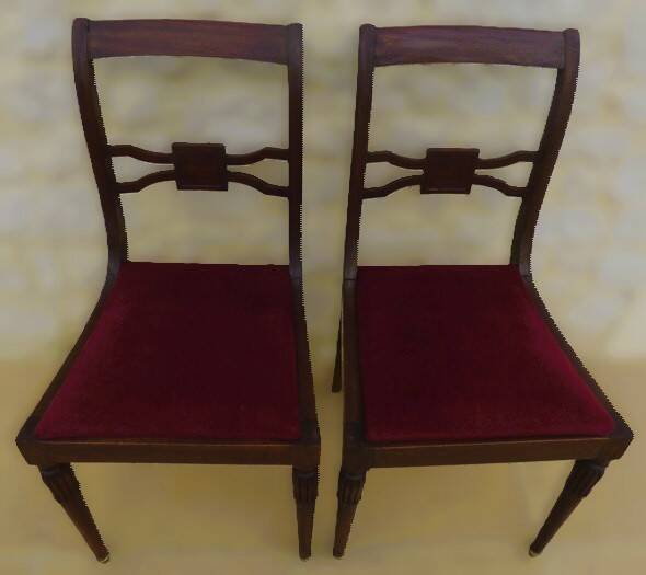2 stylish solid wood chairs with red velvet fabric seats