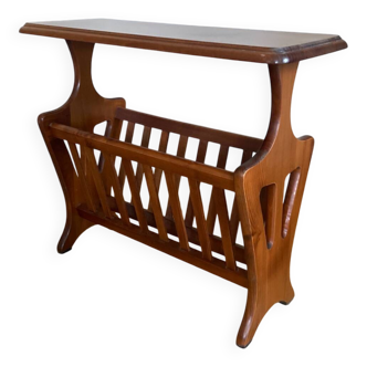 Vintage magazine rack with shelf, Solid cherry wood side table from the 1990s