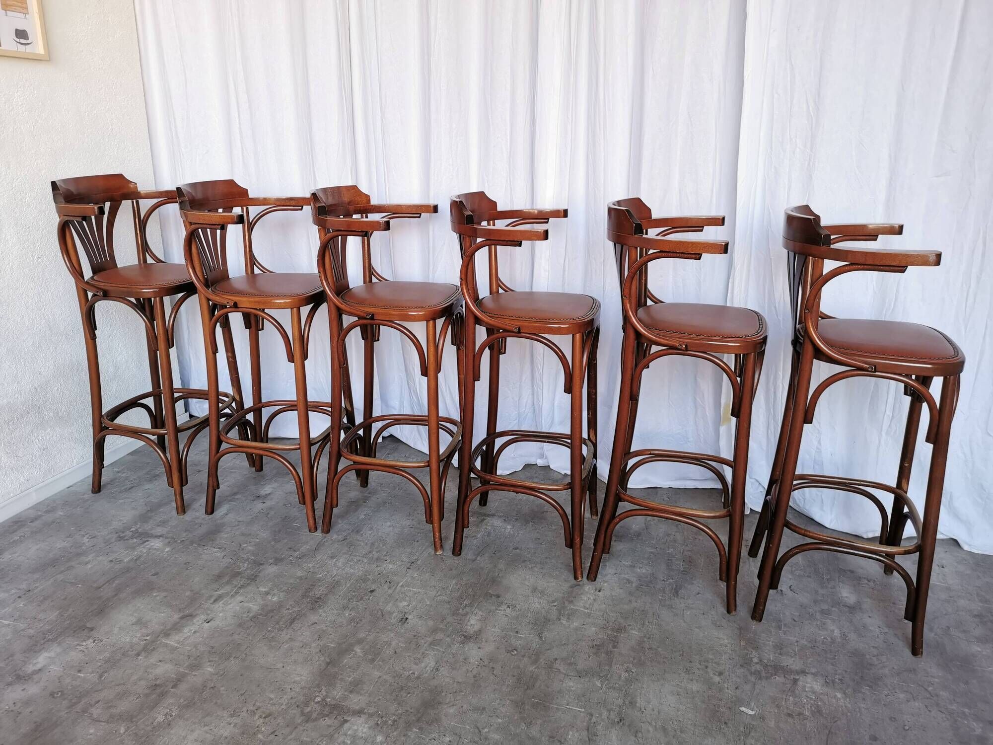 Set of 6 Vintage Bentwood Bar Stool Set: Brown Leather Seat, Nailhead Trim
