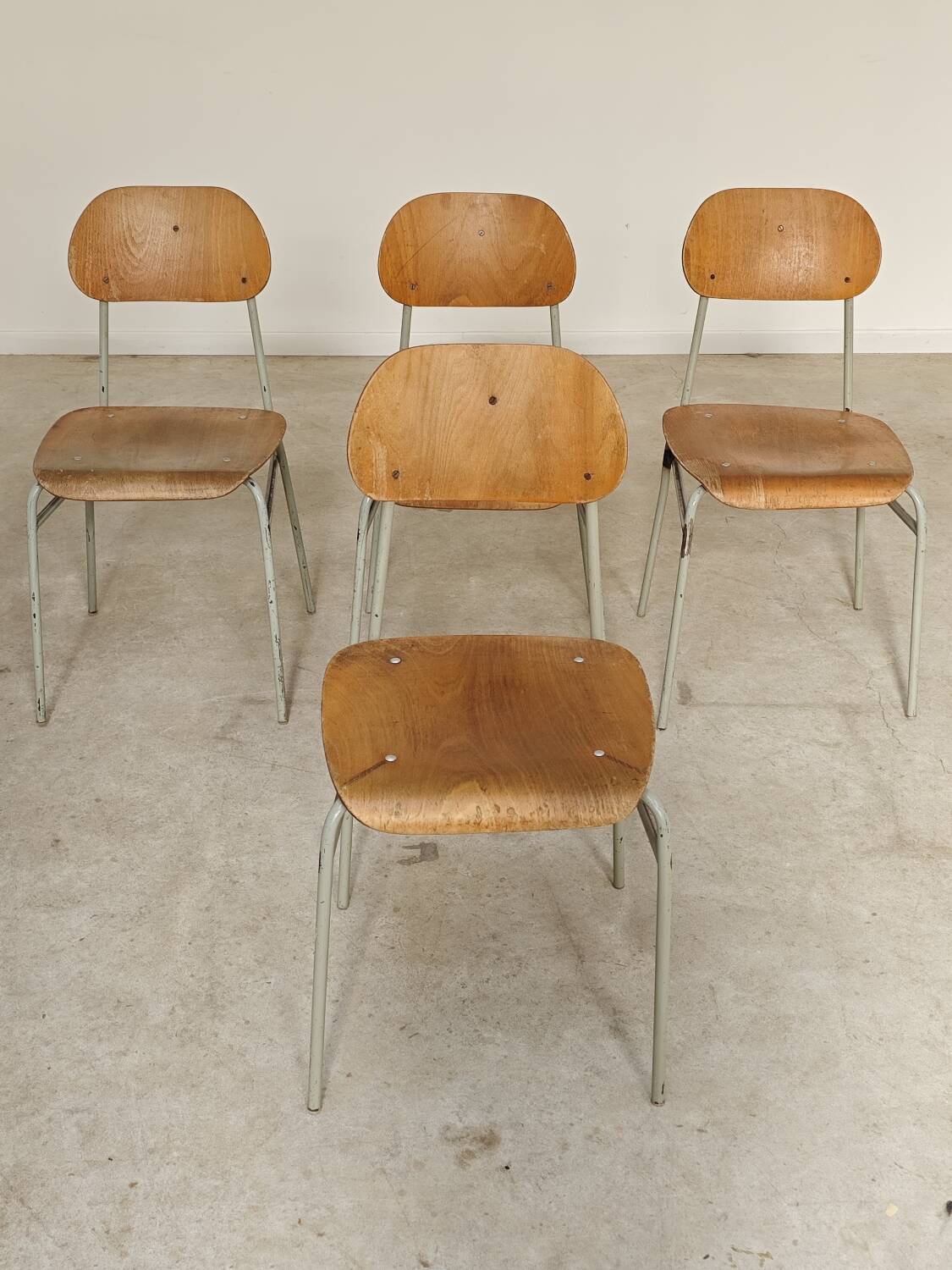 Set of 4 metal and wood school chairs, former Czechoslovakia, 1960.