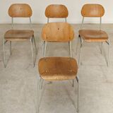 Set of 4 metal and wood school chairs, former Czechoslovakia, 1960.