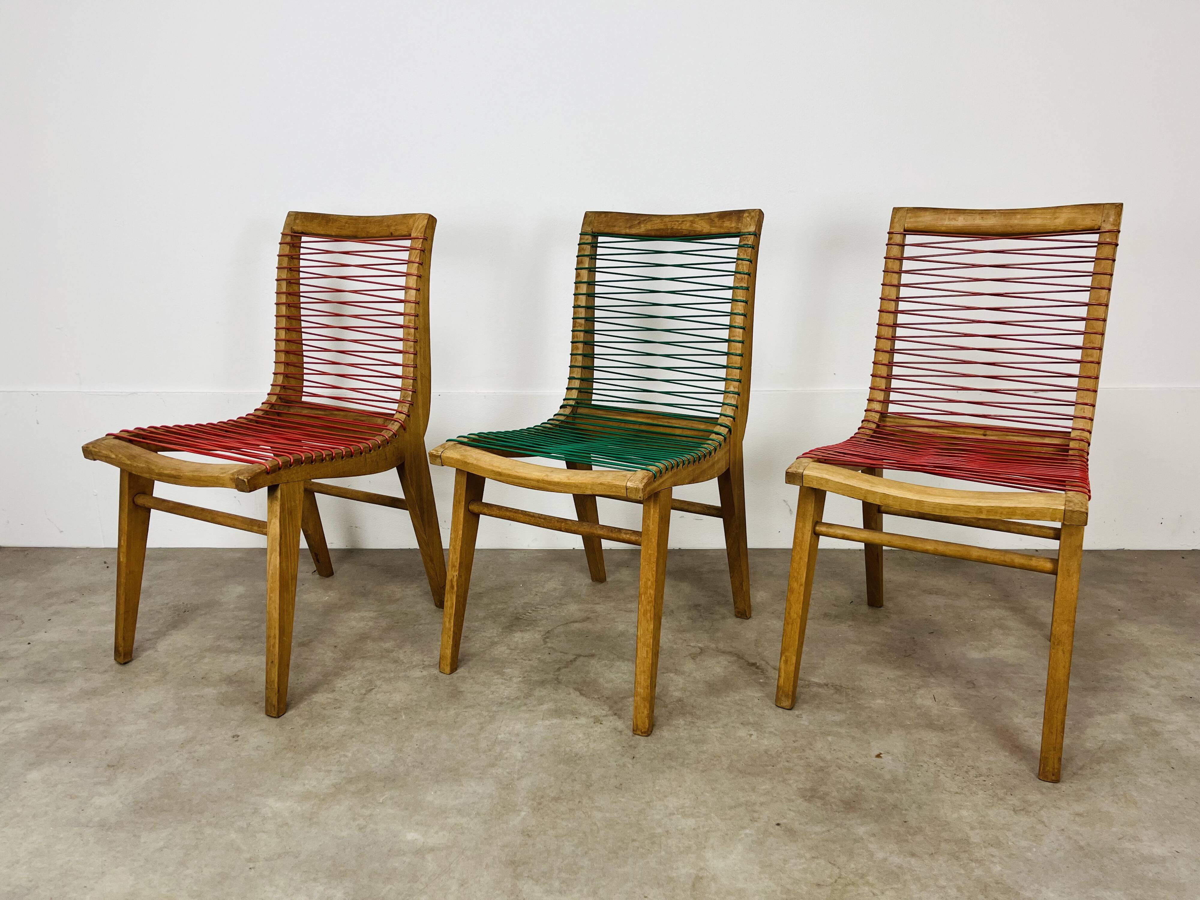 3 Louis Sognot scoubidou chairs from the 1950s
