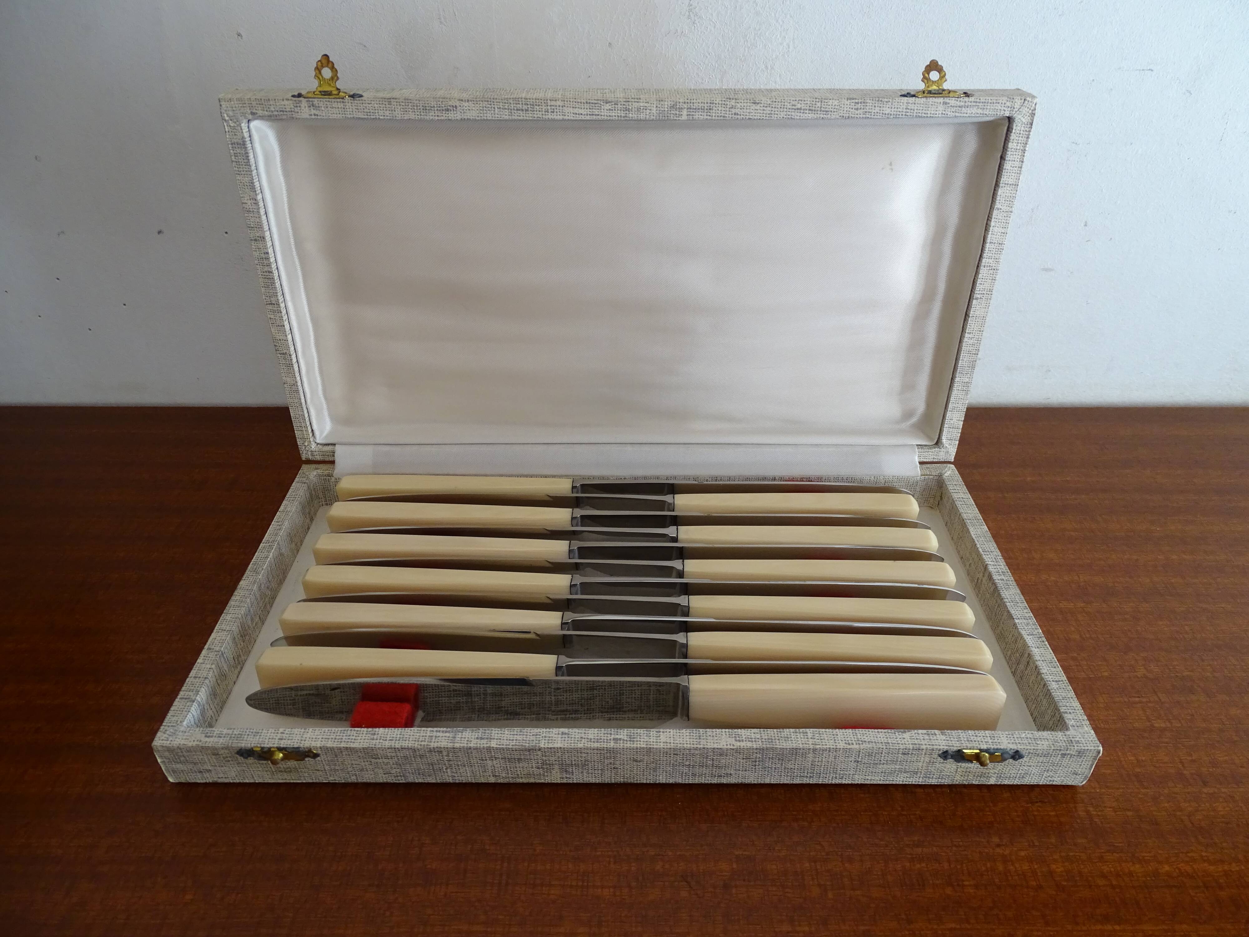 12 vintage stainless steel knives bone or bakelite sleeves in case
