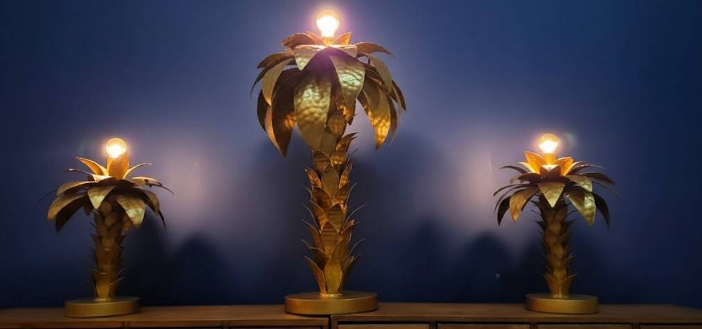 Hollywood Regency Palm Tree Lamp Trio – Hammered Gold Metal