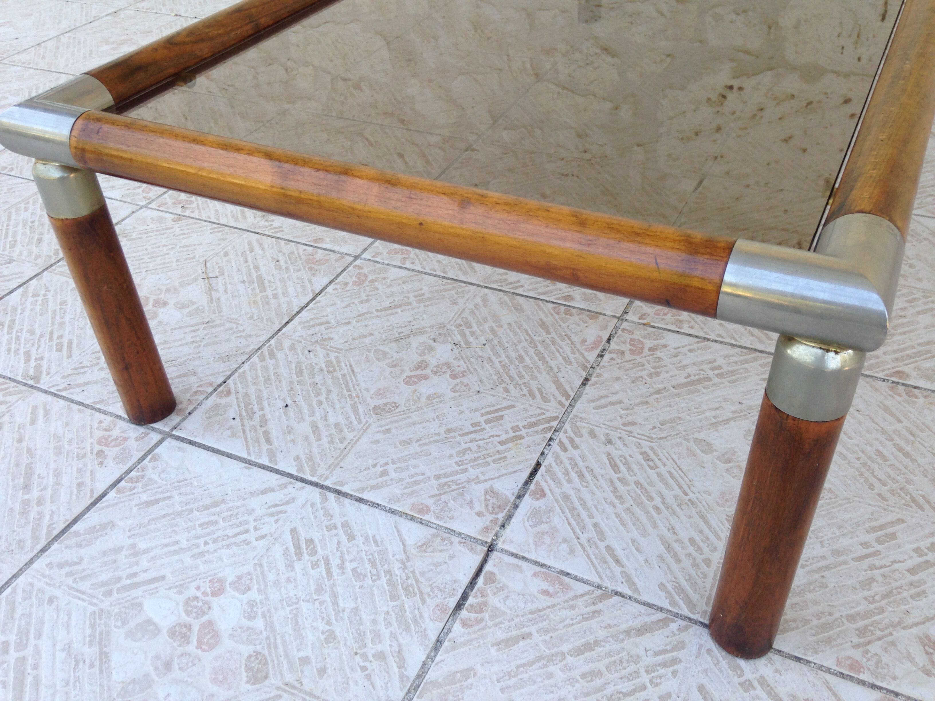 Table design bass, vintage, 70s wood and smoked glass