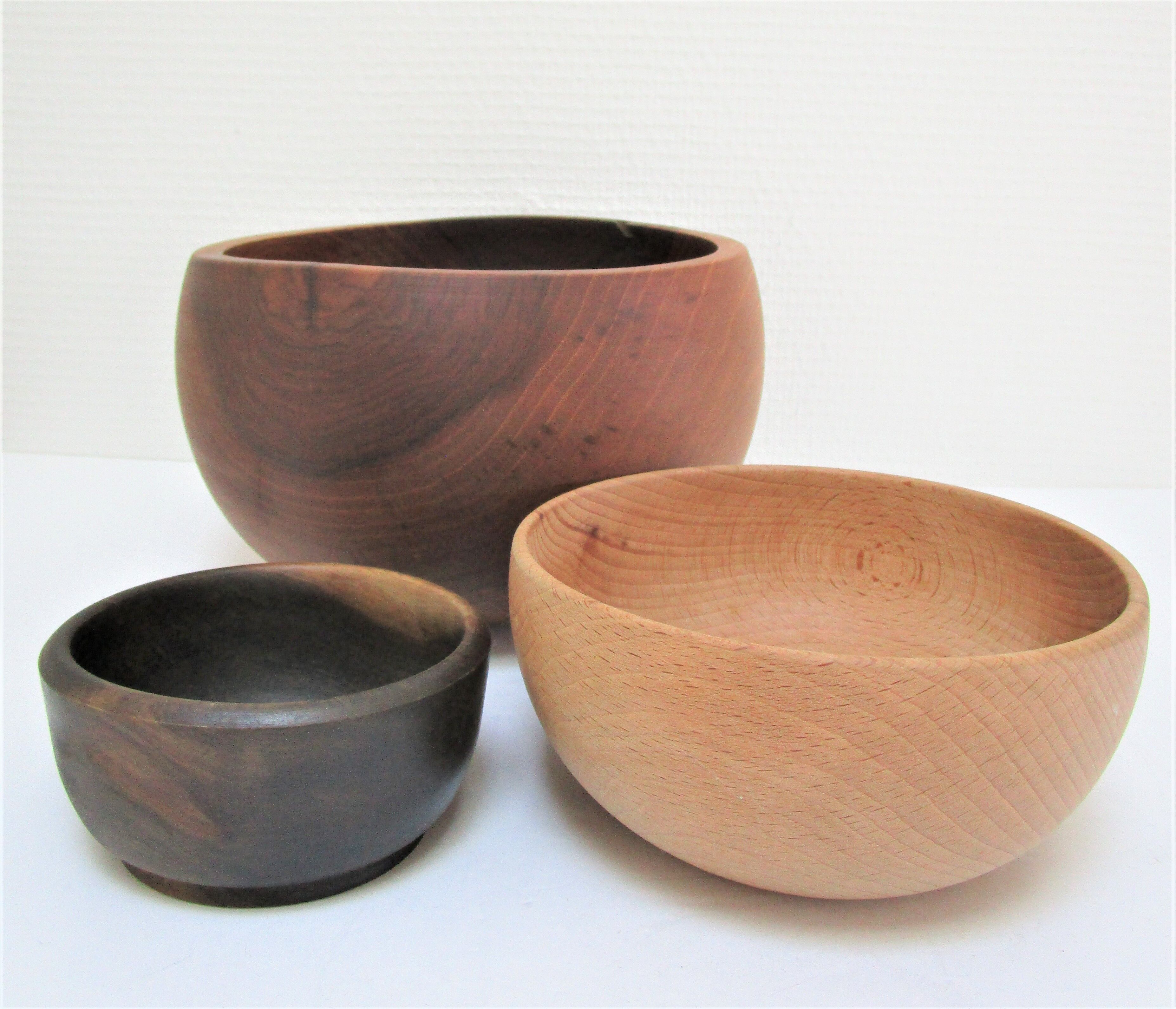 Three bowls solid wood turned patinated vintage