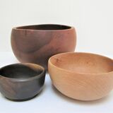 Three bowls solid wood turned patinated vintage