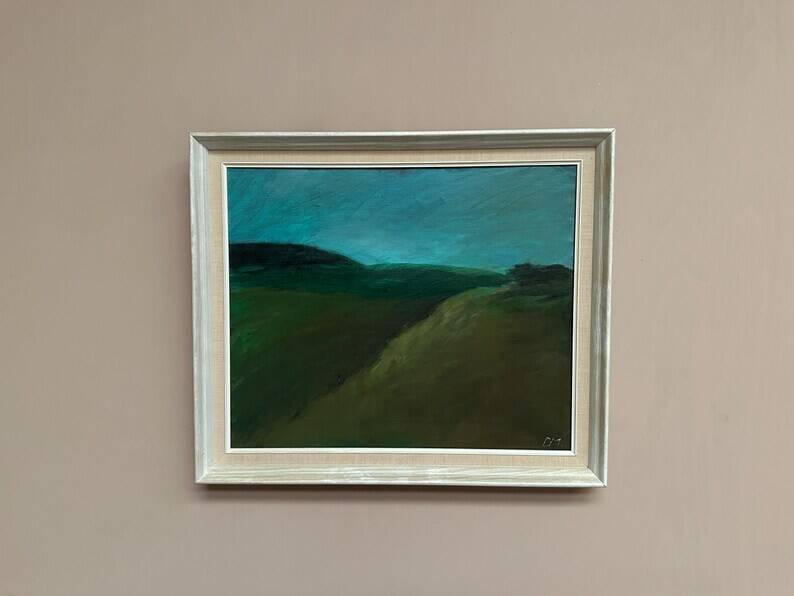 Huile sur toile originale suédoise – "Paysage" par Dina Mortensen – Signé DM – Vintage et encadré – 53 × 45,5 cm (20,9" × 17,9")