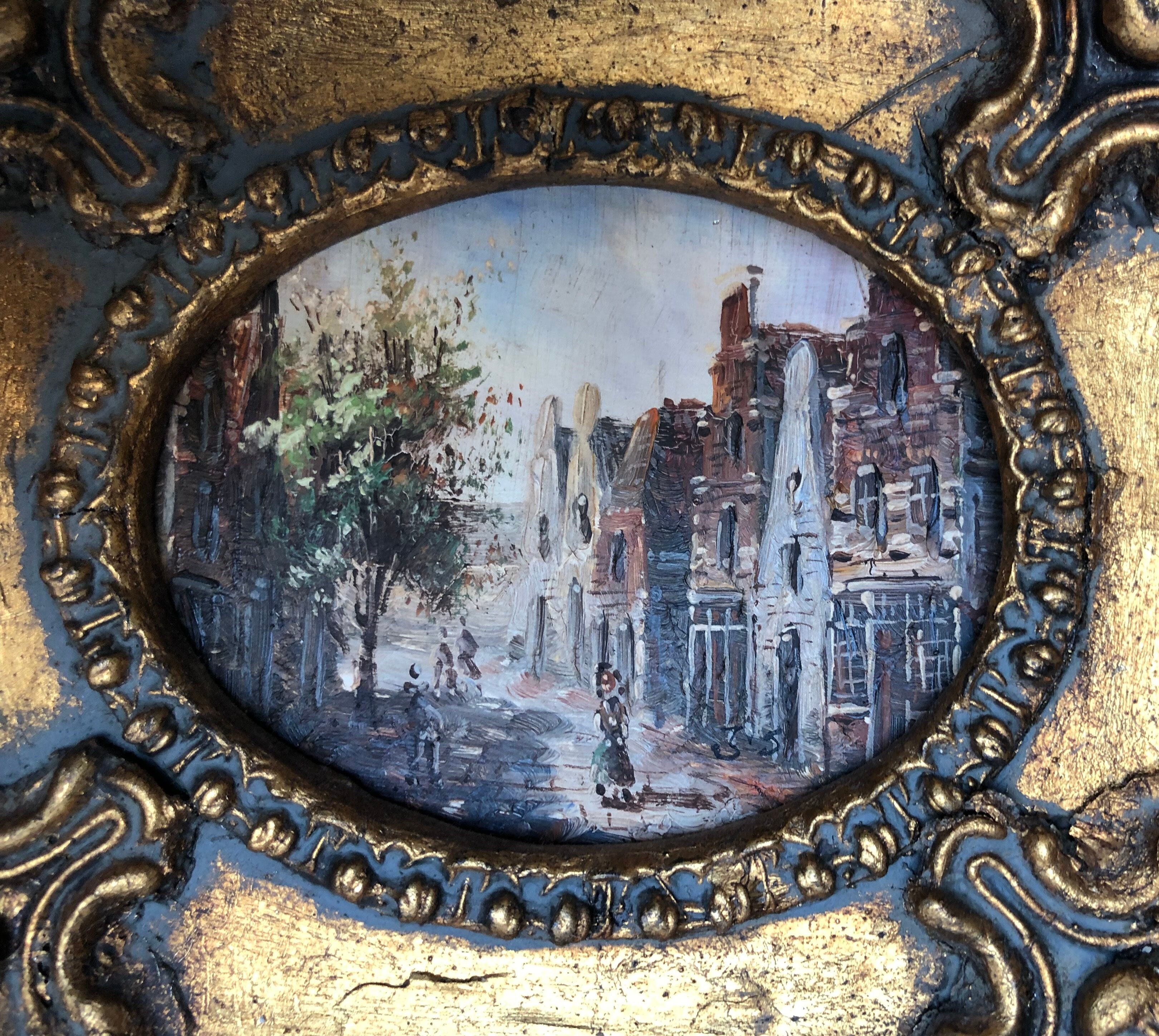 Oil on panel, busy street