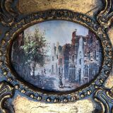 Oil on panel, busy street