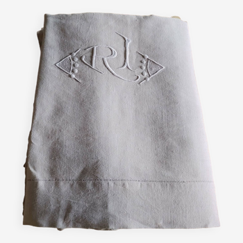 Drap ancien lin& coton écru - monogramme - 210 x 295 cm - etat neuf