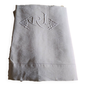 Old ecru linen & cotton sheet - monogram - 210 x 295 cm - new condition