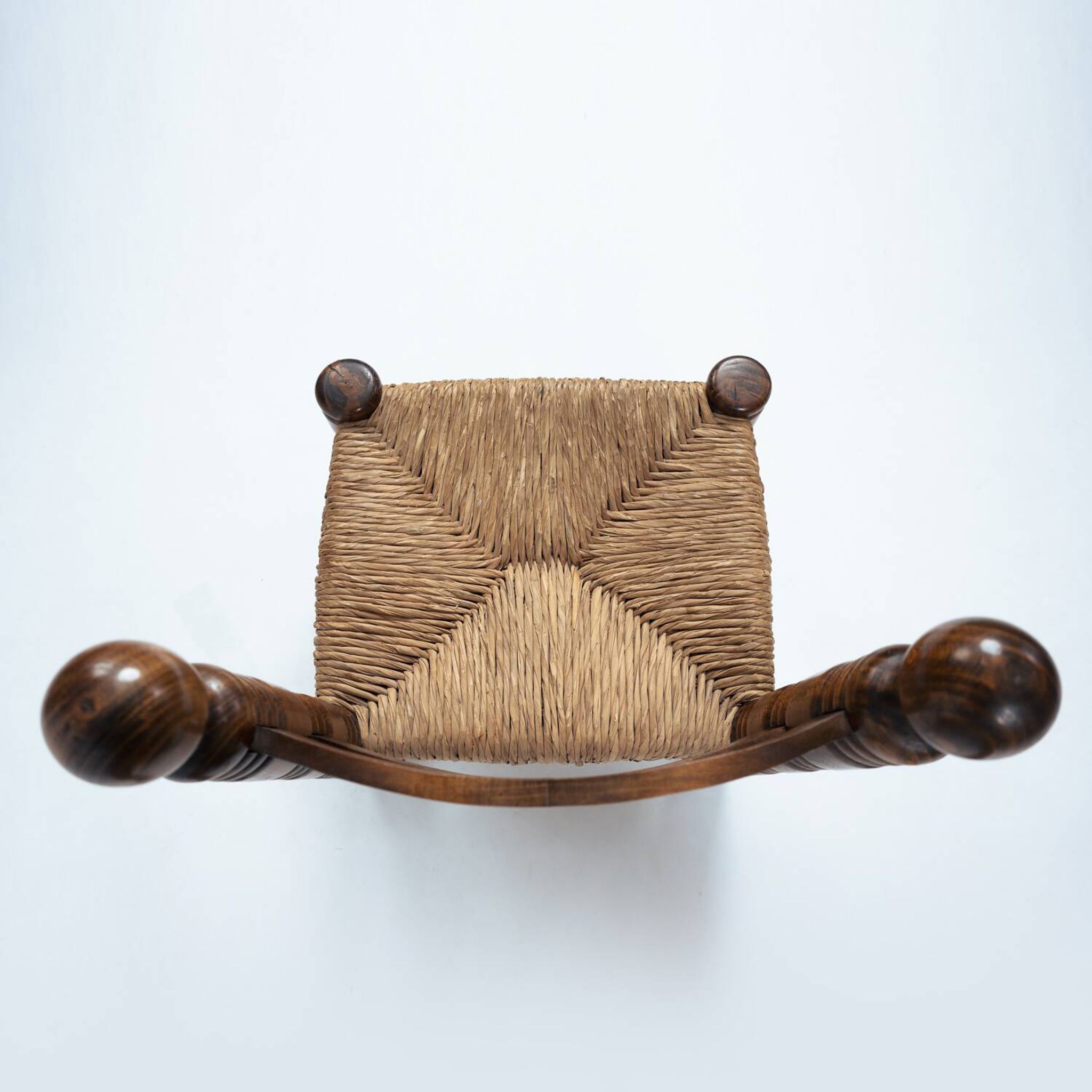 Wooden low chair with rush seat,1950s, in the style of Charles Dudouyt