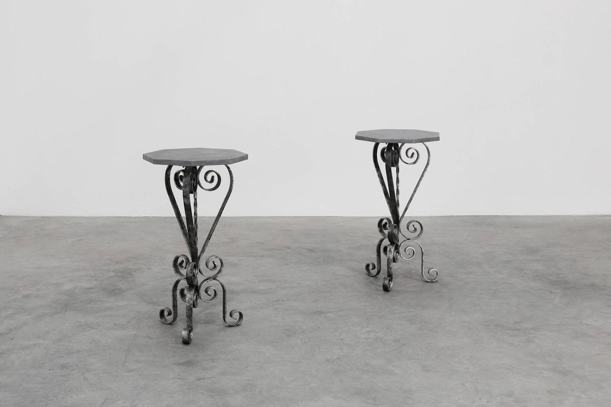 Pair of French Wrought Iron Consoles with Belgian Blue Stone Tops, 1950s