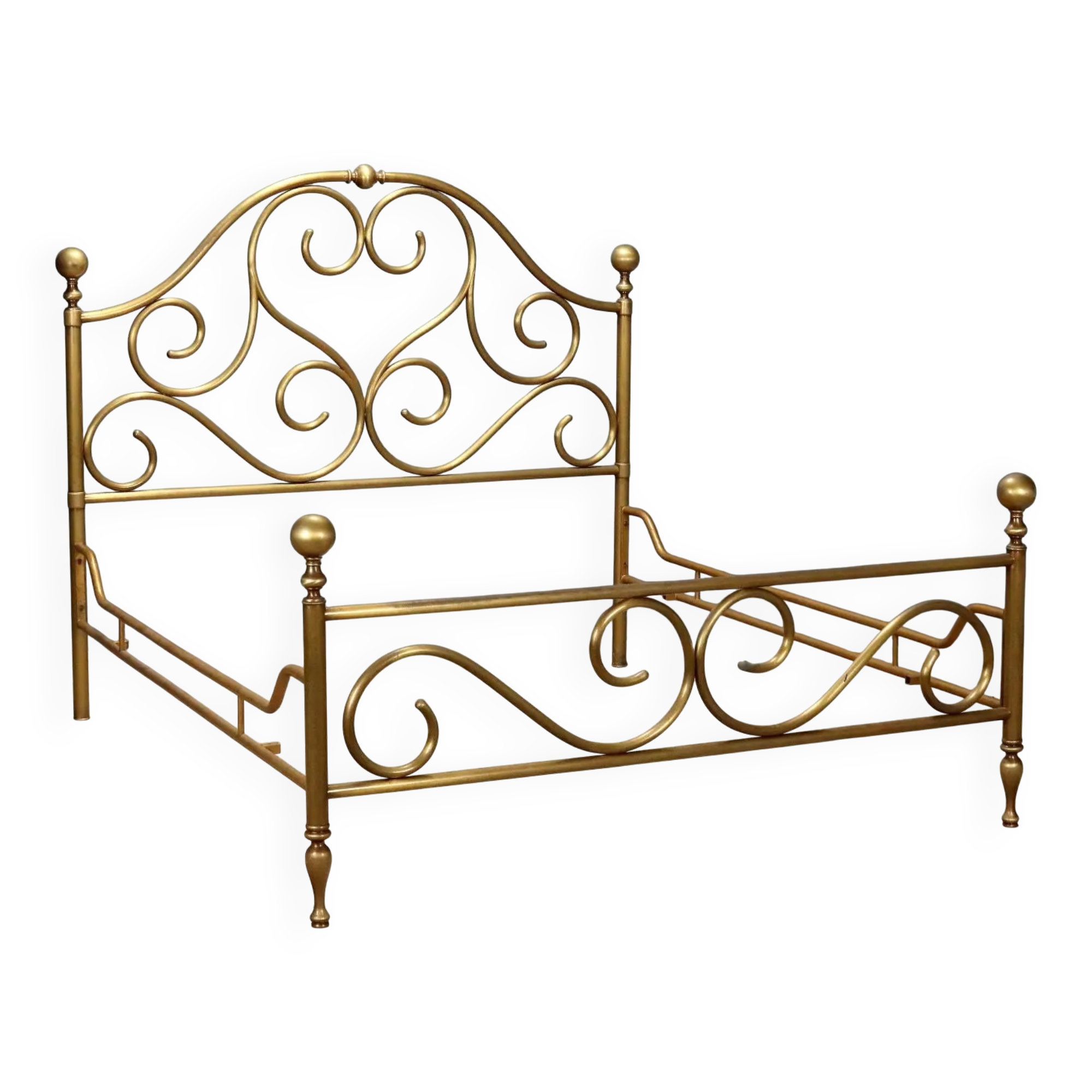 Antique double brass bed with decorations, Italy, 20th century.