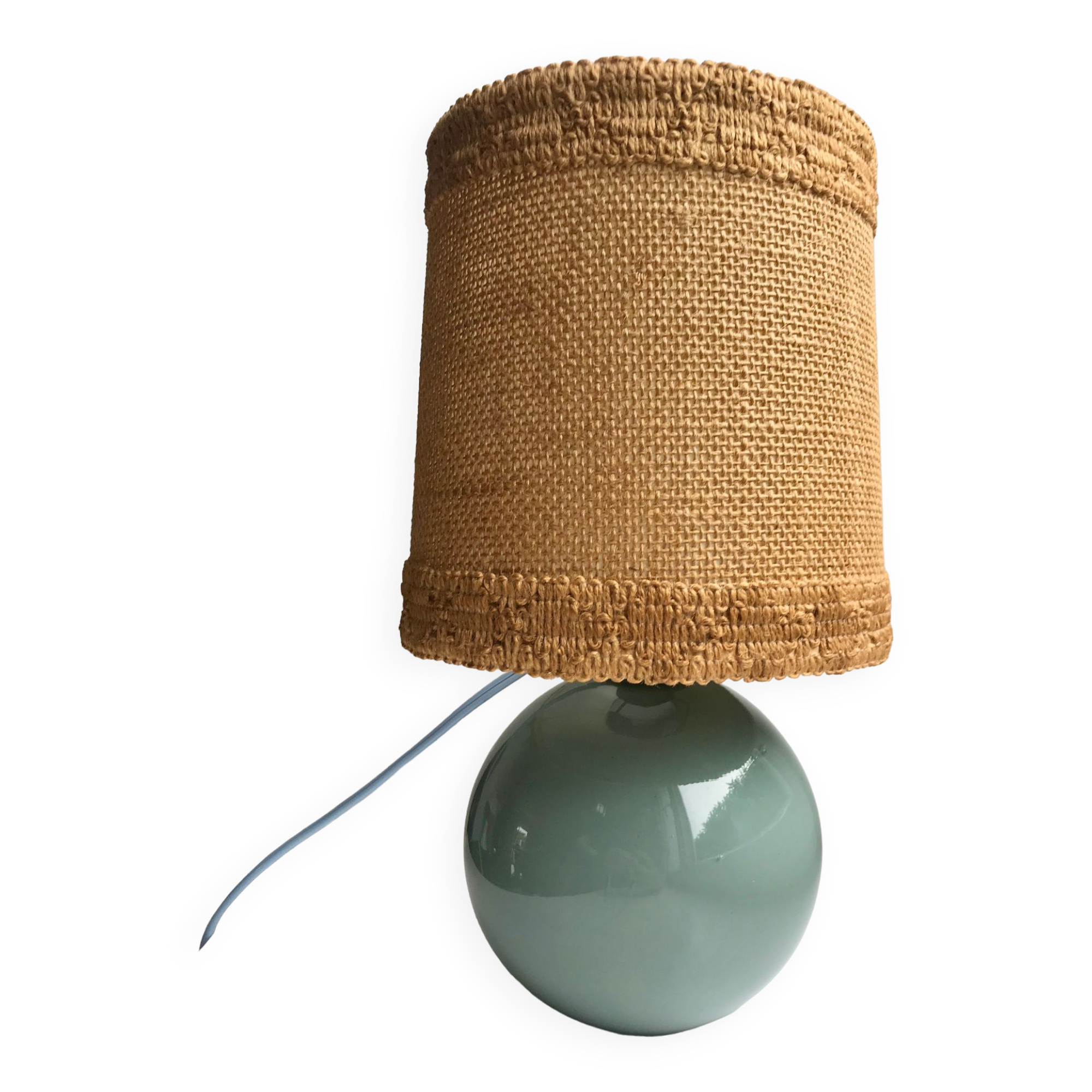Table lamp with feet in water green opaline and woven lampshade 60s-70s