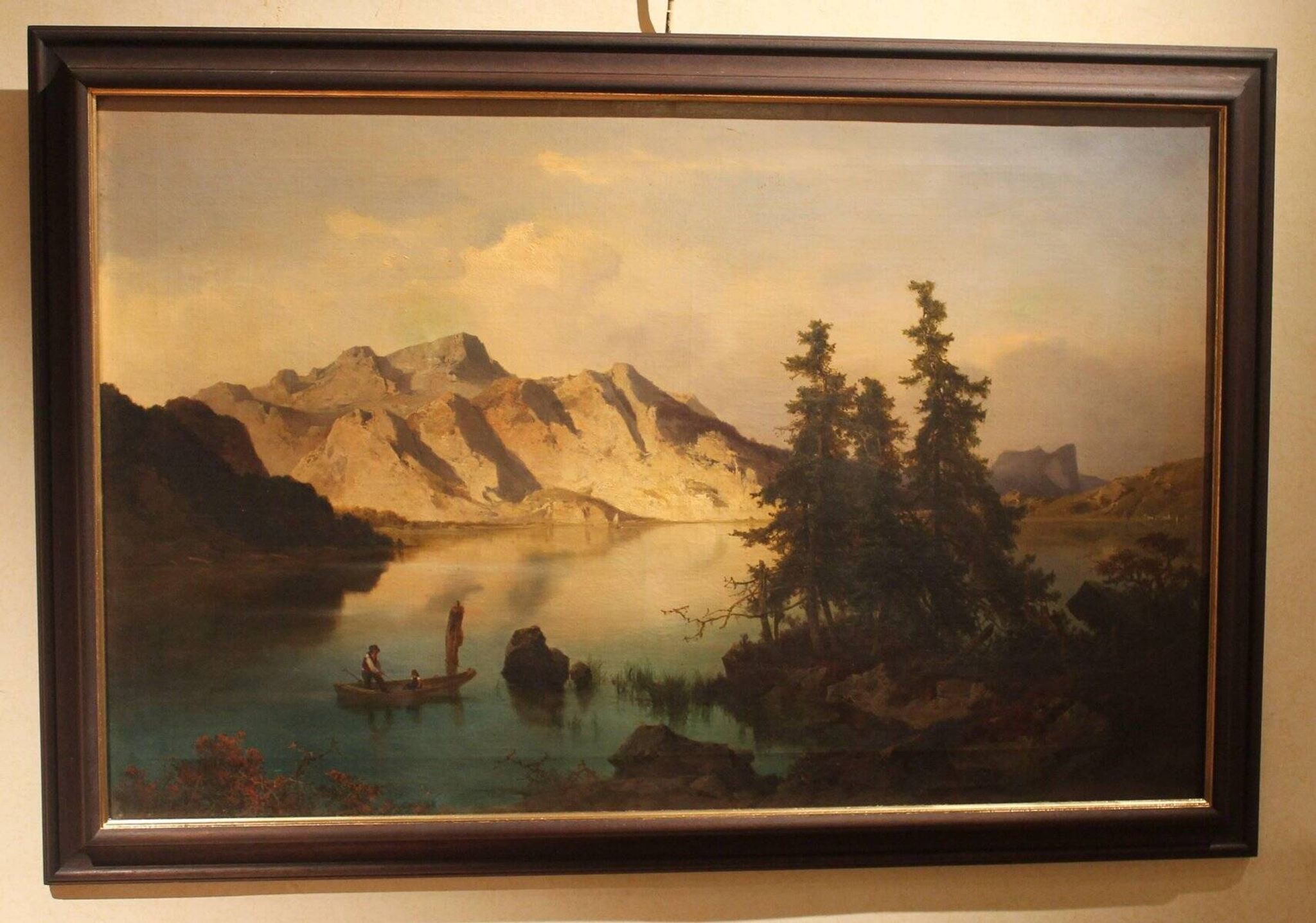 Joseph Brunner, Austrian Landscape with Lake and Mountain Painting, 1869, Oil on Canvas, Framed