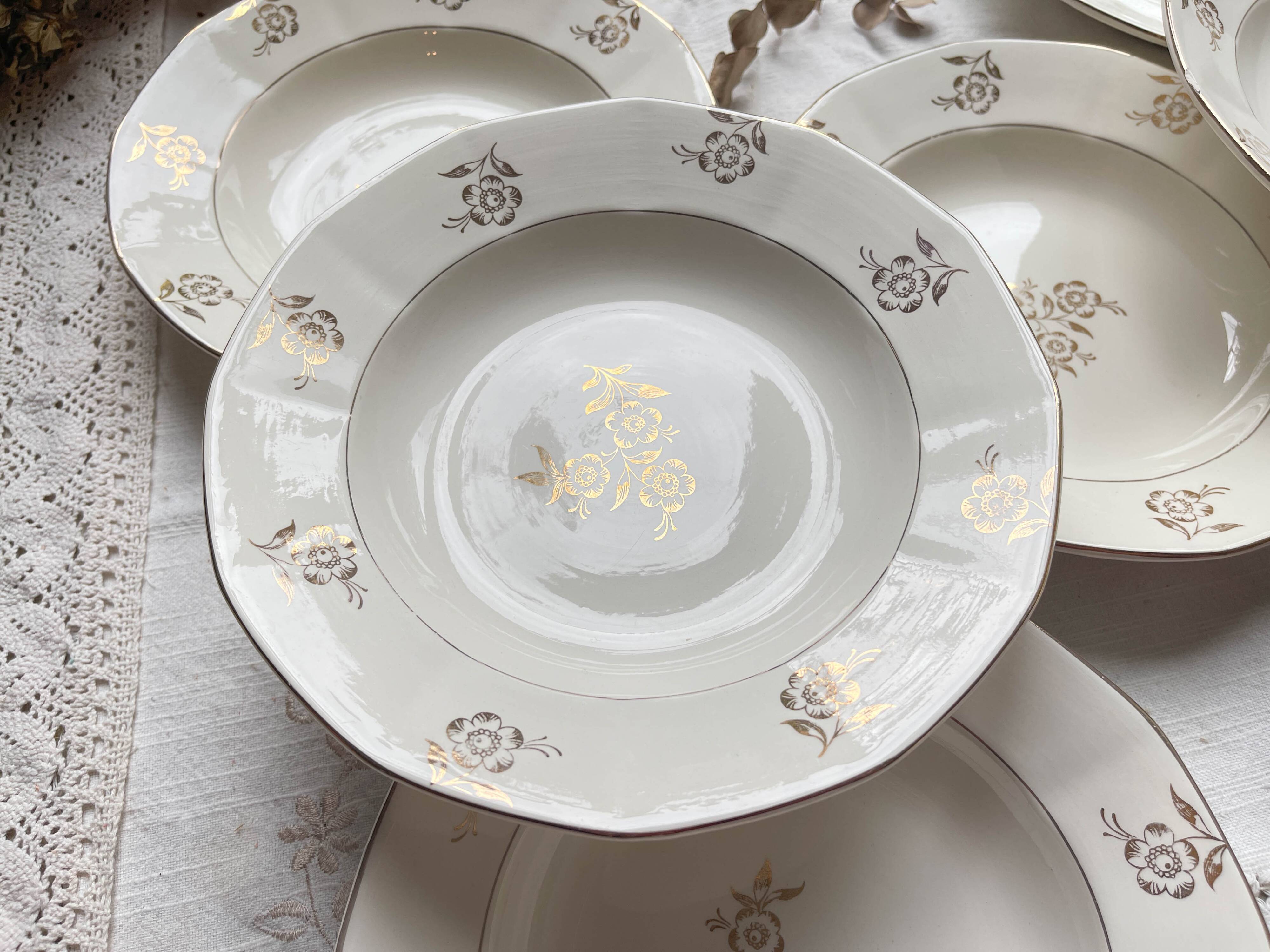 7 vintage porcelain soup plates Digoin Sarreguemines model Raphael with golden flower motif