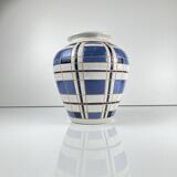 Vintage vase from the 50s, glazed earthenware, blue and white geometric decoration