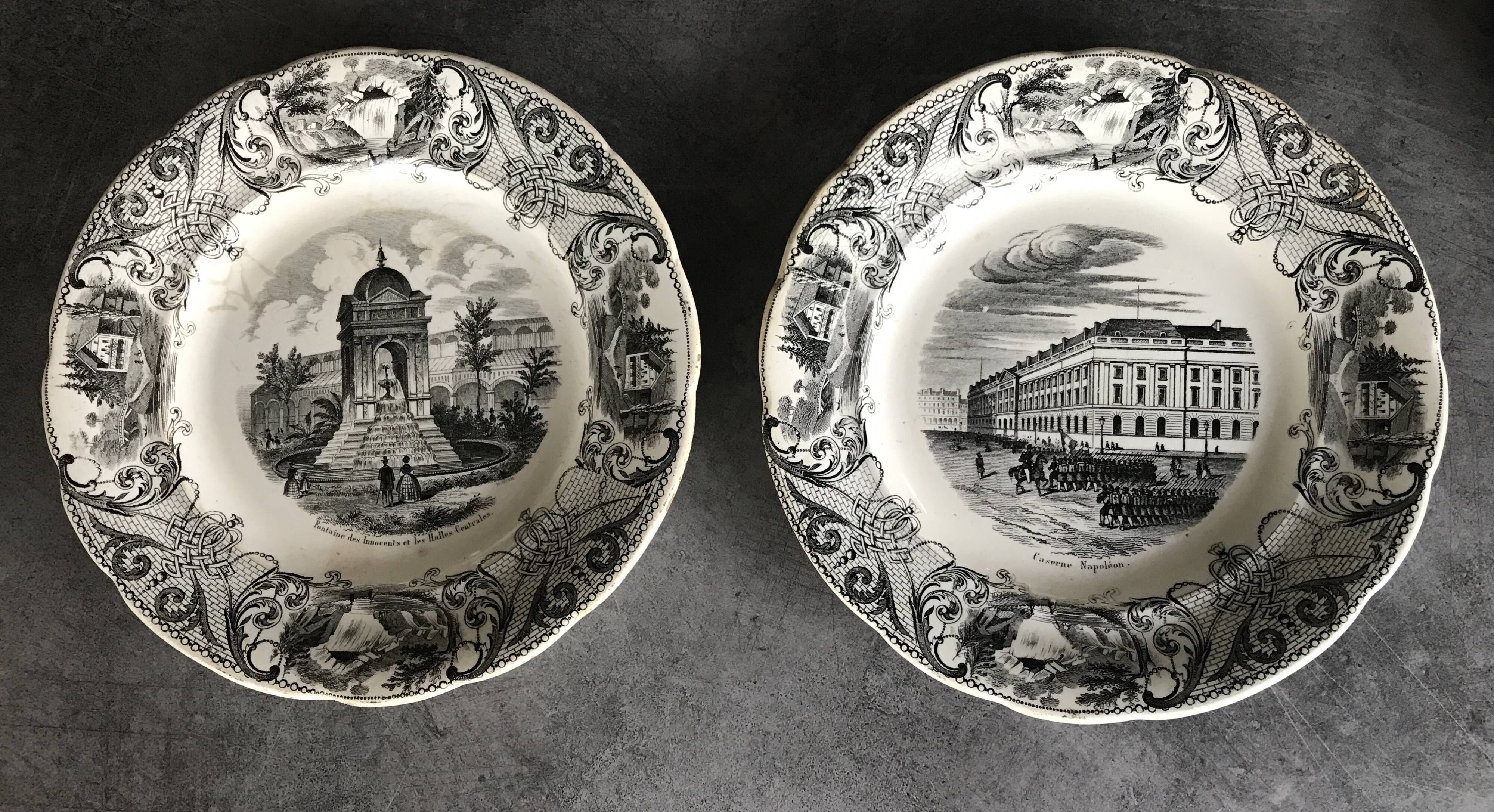 Set of 6 antique choisy-le-roi earthenware plates with grisaille decoration