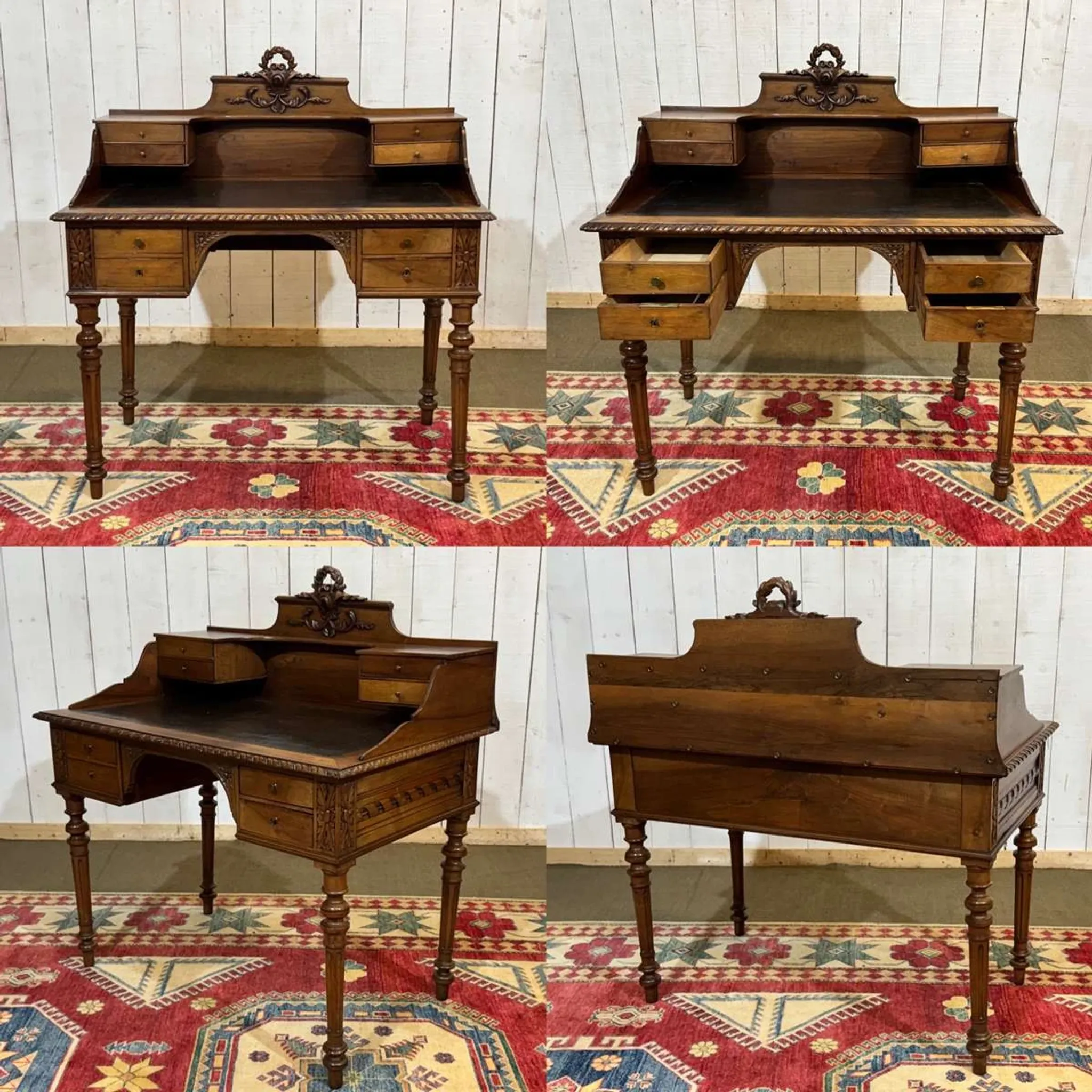 Louis XVI style desk from the late 19th century in walnut with a leather top.