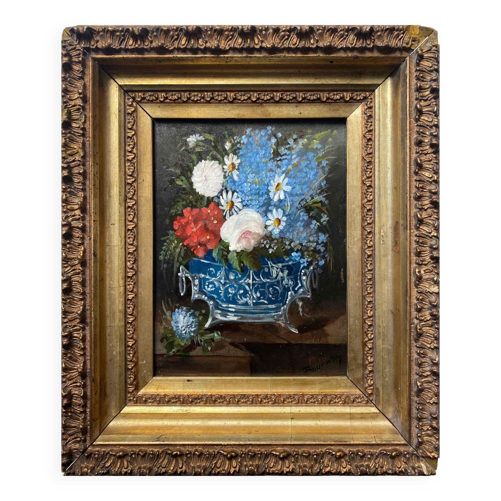 Hsp painting "still life with wild flowers" 19th century signed bournay + frame