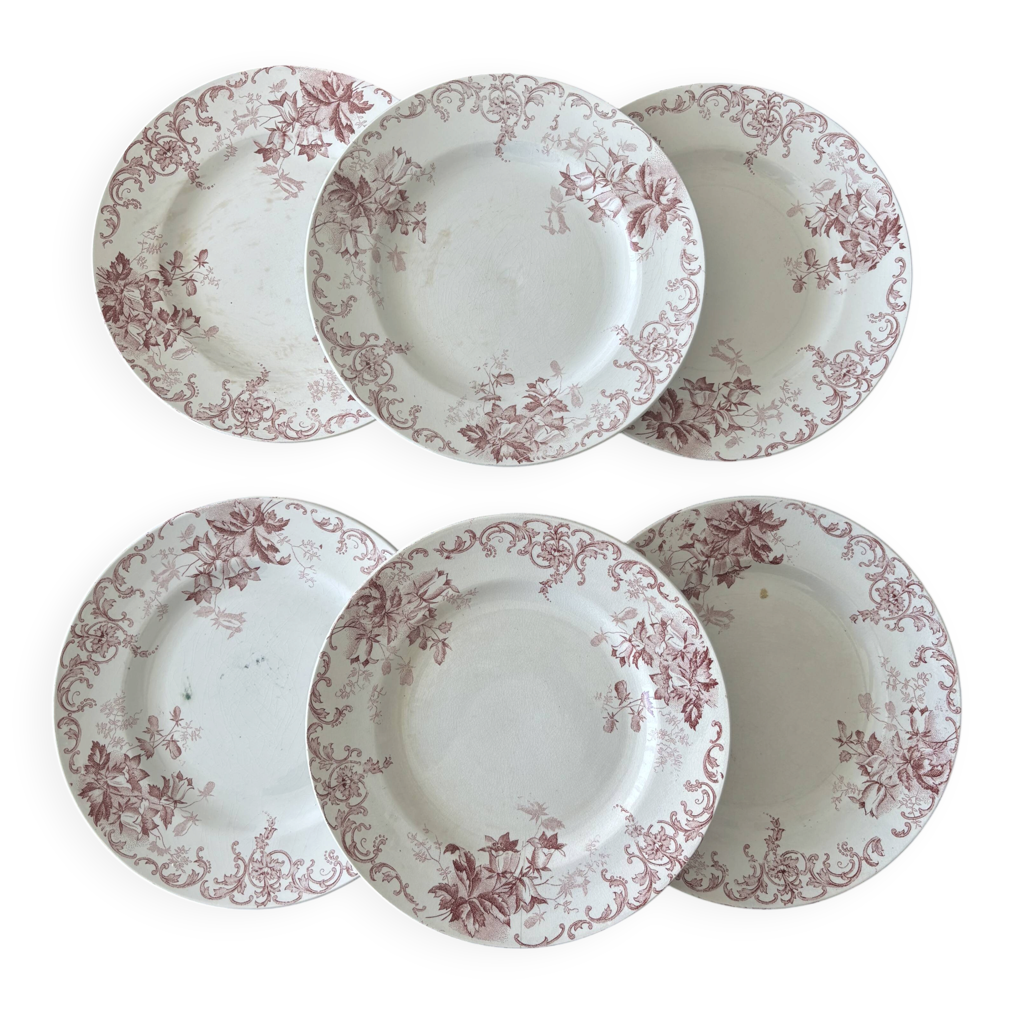 Set of 6 antique red Terre de Fer plates St Amand Hamage model