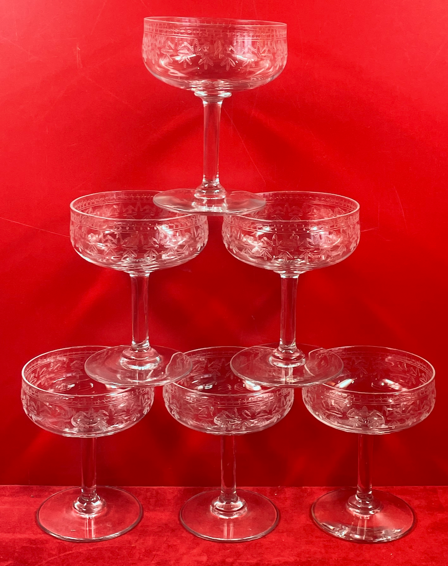 Vintage 6 old champagne glasses in engraved crystal