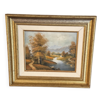 Autumn Landscape Painting with Houses and River - Framed, Signed