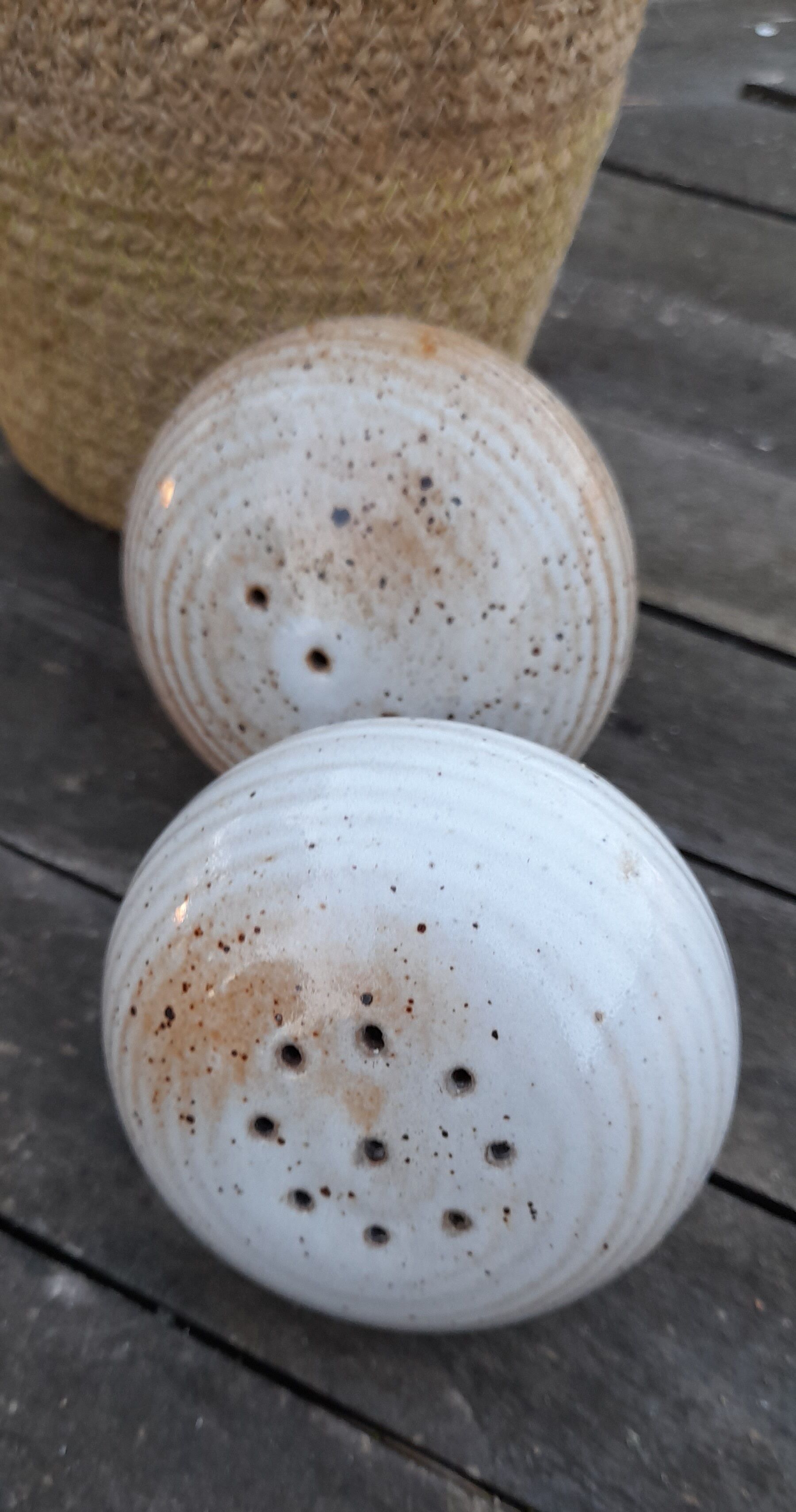 round salt and pepper shaker signed Grés du Marais, France, 60s