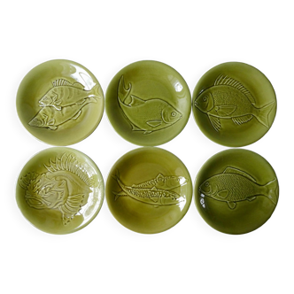 6 assiettes plates, Proceram, décor poissons, années 70