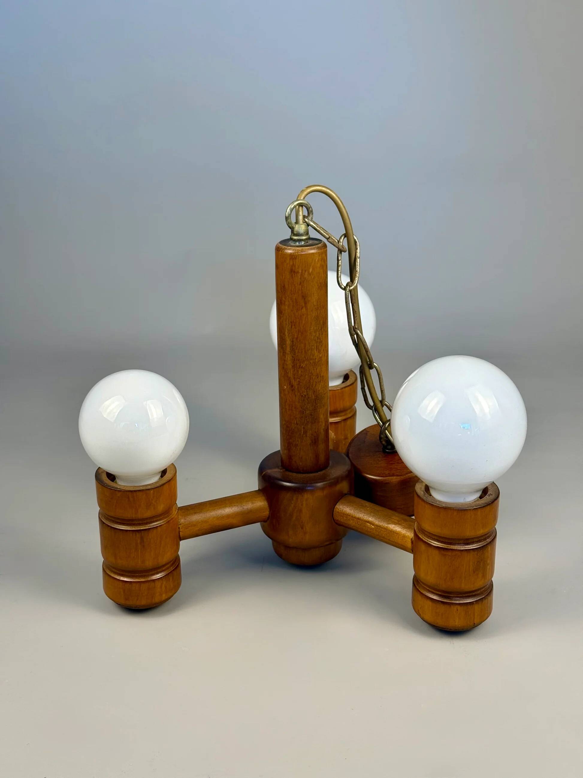 Vintage wooden chandelier with three lights