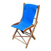 Chaise pliante en en bois massif et tissu bleu