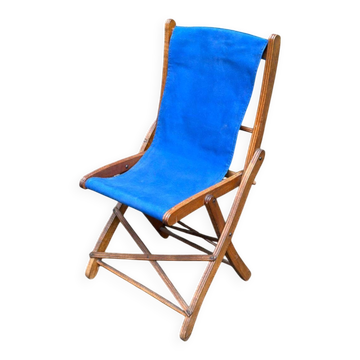 Chaise pliante en en bois massif et tissu bleu