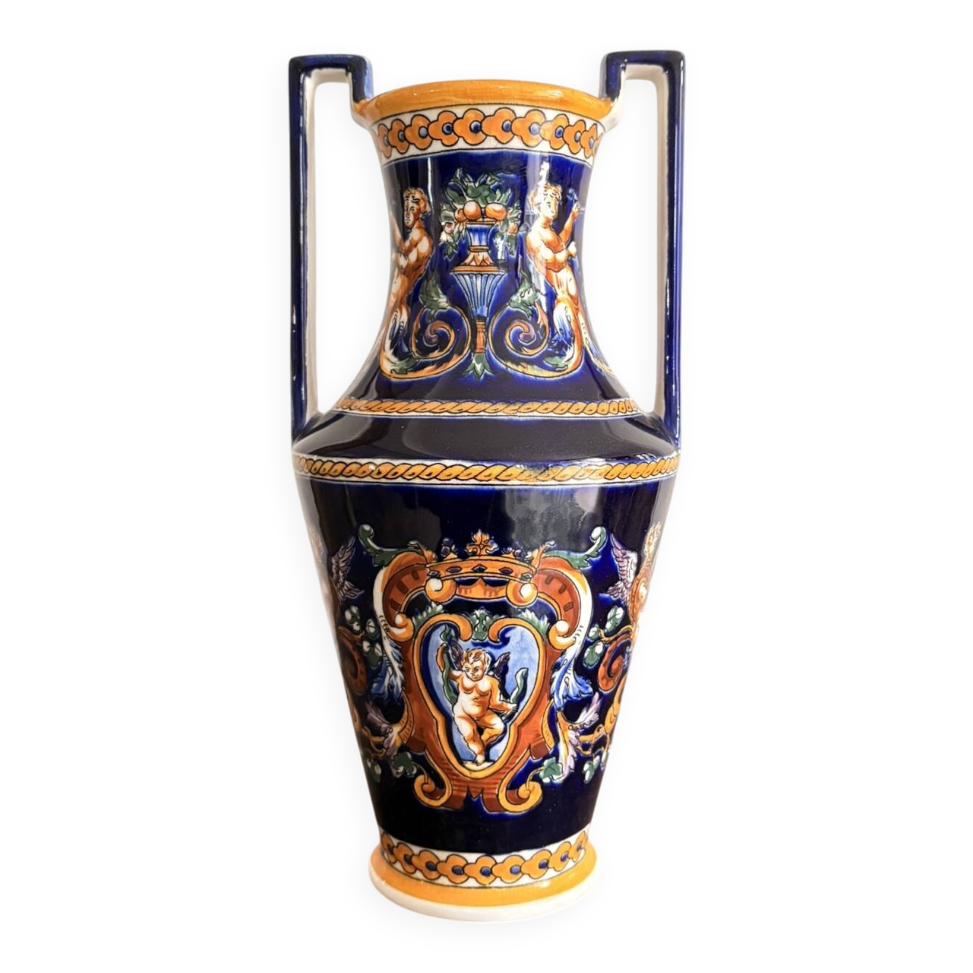 Ancient Double-Handled Vase Faience Gien Renaissance Model Italian Majolica