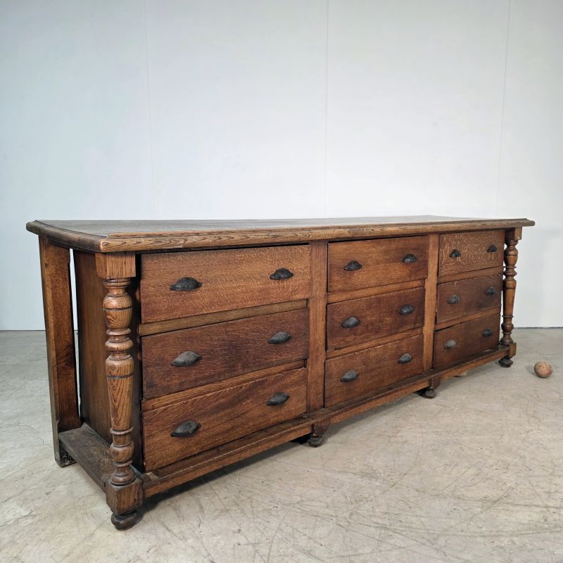 Large oak drawer unit from a haberdashery around 1900.