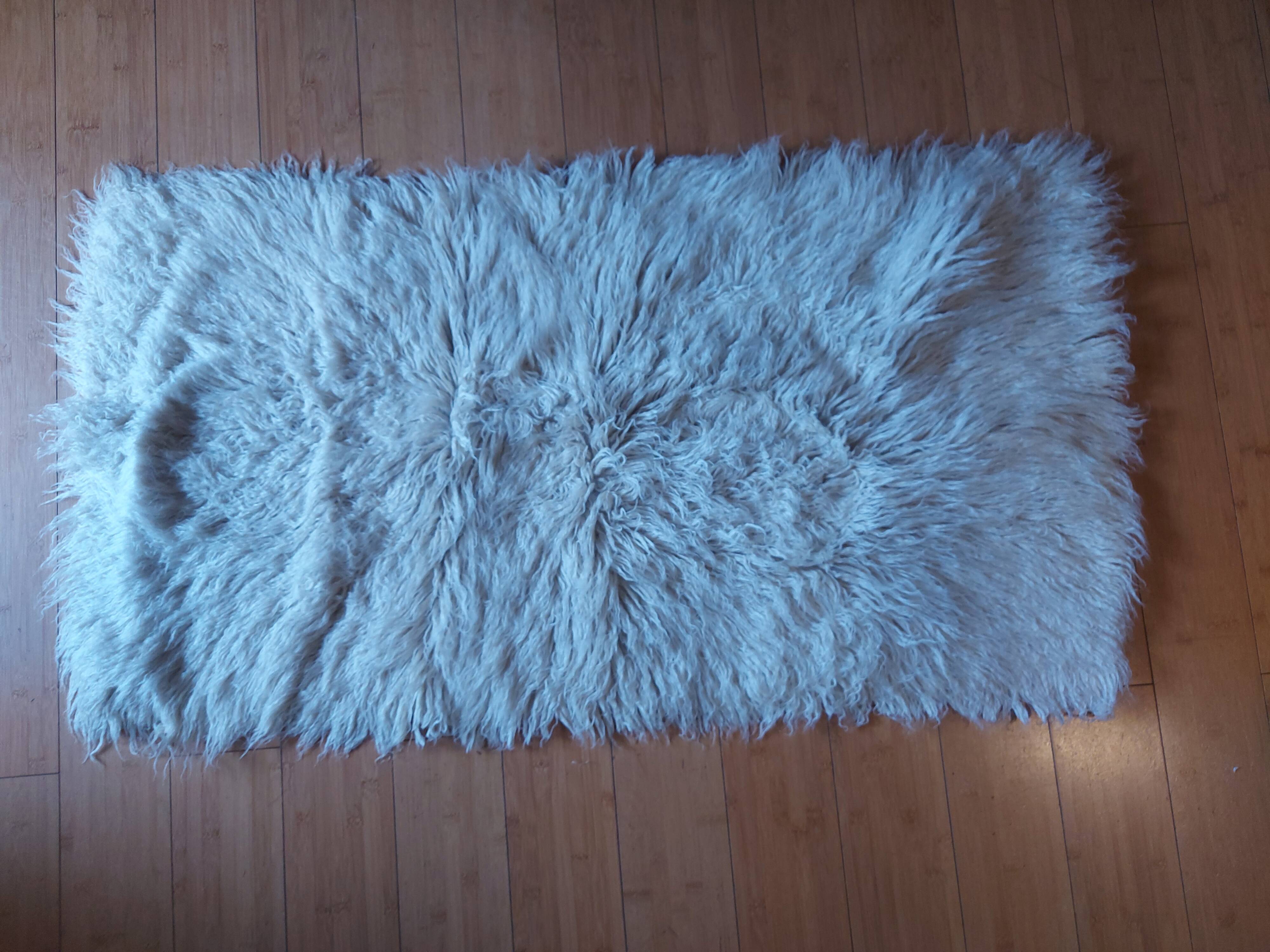 White pure wool long pile rug, vintage