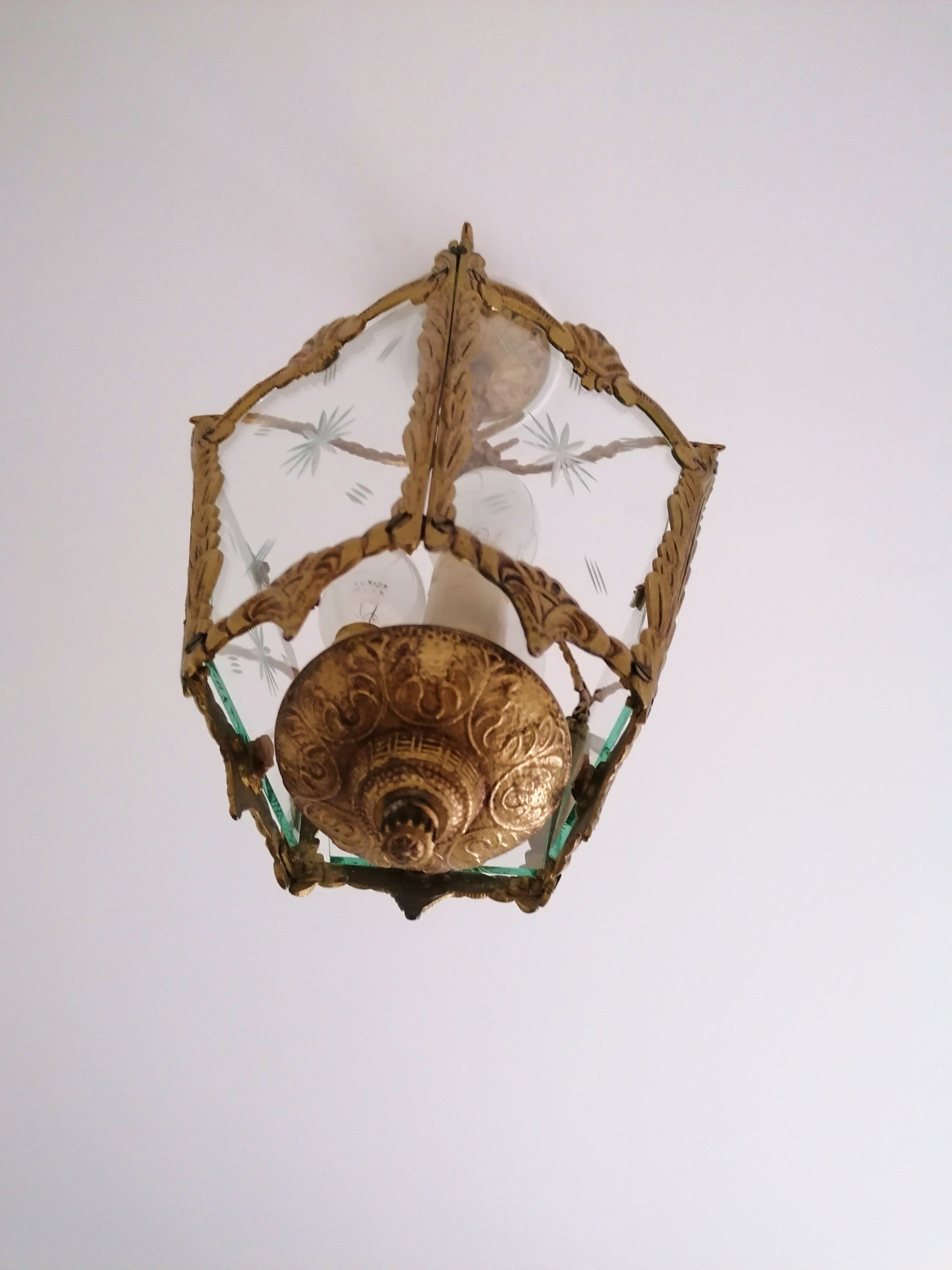 Former Hall Lantern in Golden Bronze - 3 Fires - 5 Chiseled Glass Faces - Early XX th.
