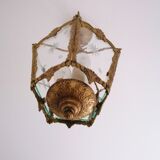 Lanterne de hall en bronze doré 3 feux 5 faces en verre ciselé - début xx ème.