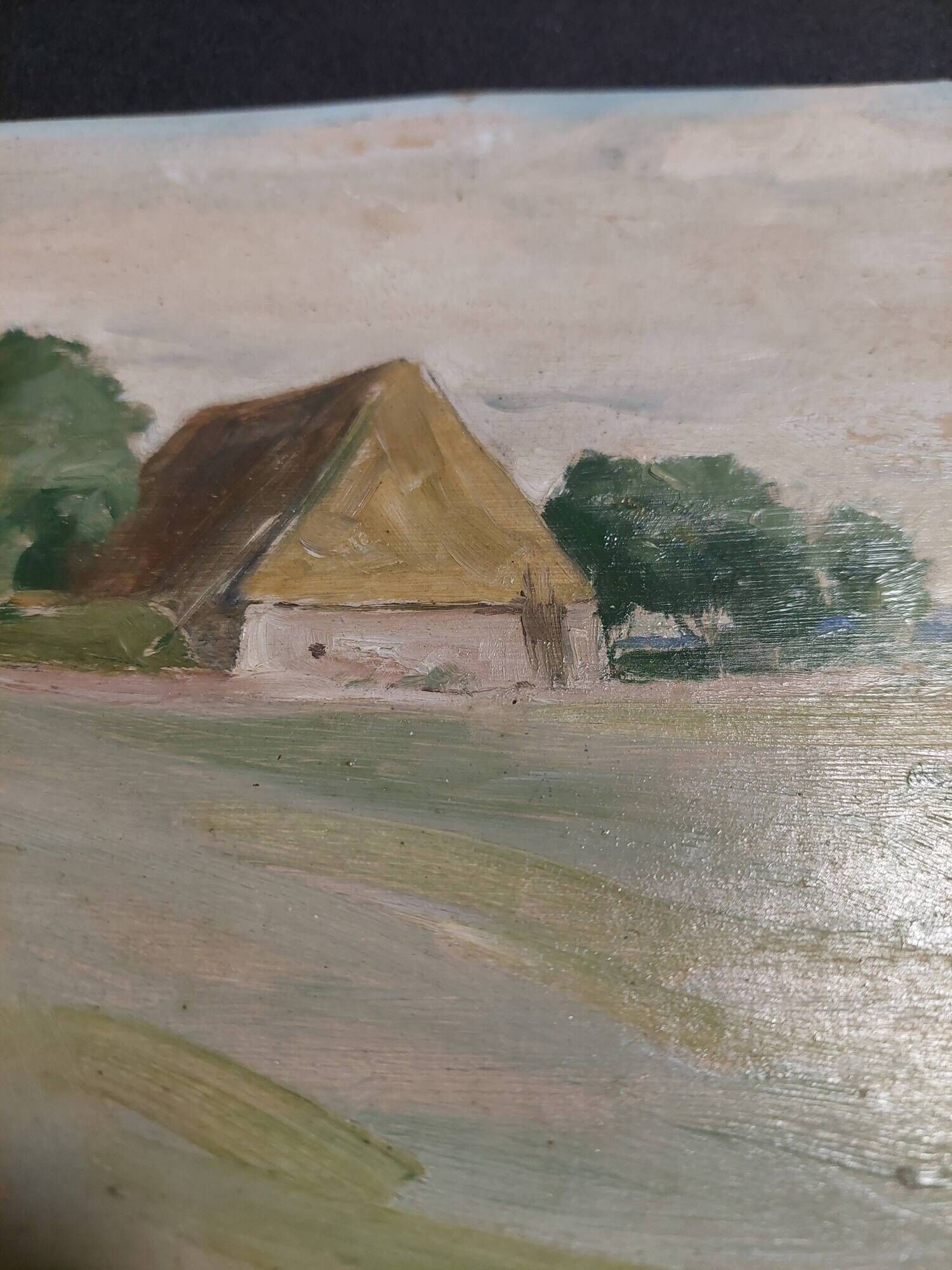 Oil painting on cardboard, rural landscape, early 20th century