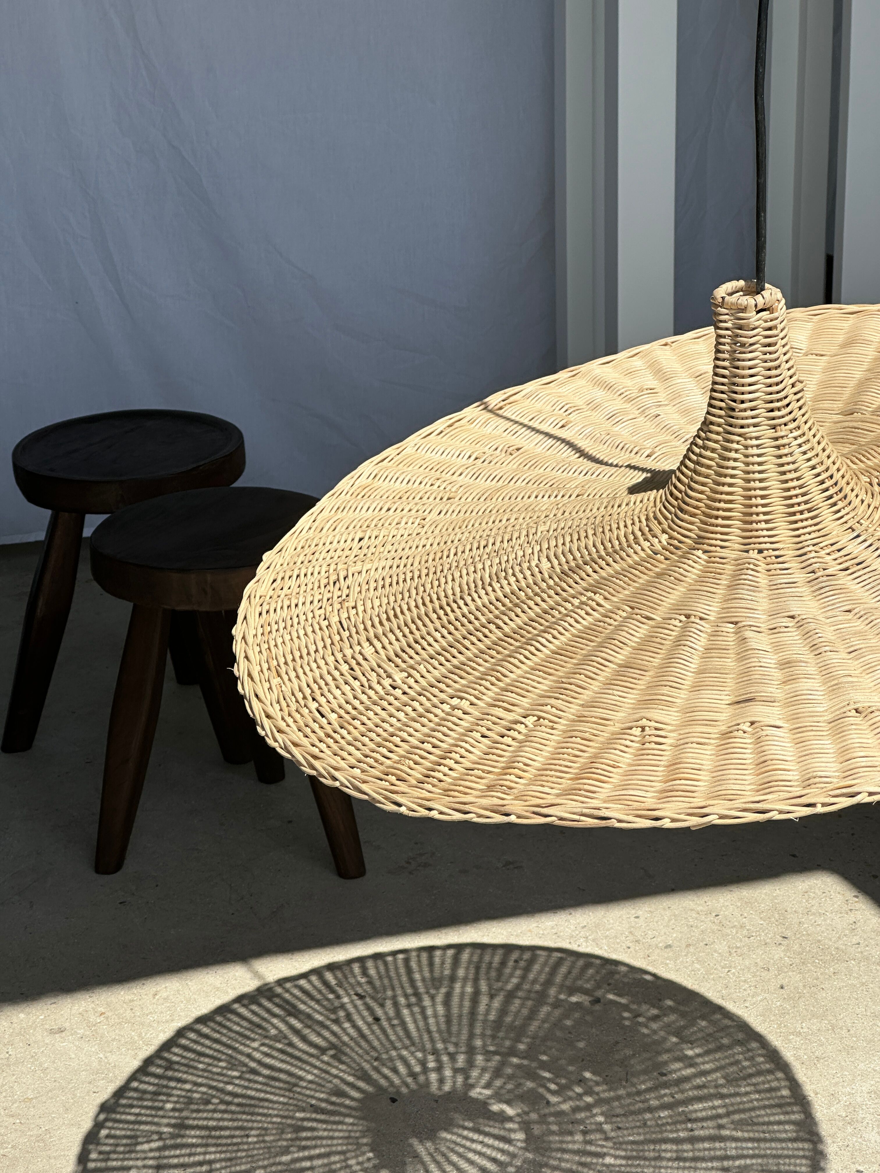 Large suspension, rattan luminaire in hat shape D:80cm