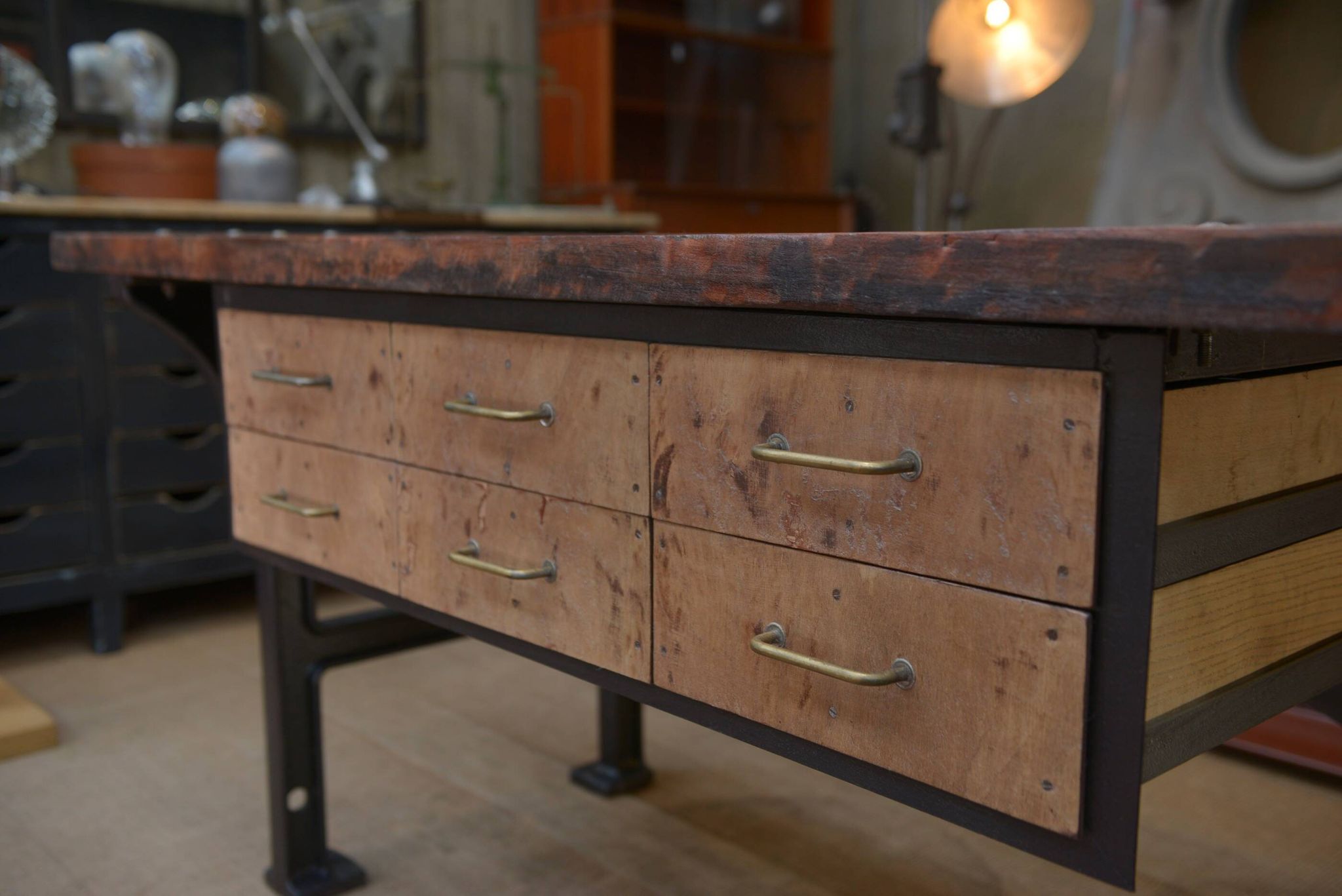 factory workbench in cast iron and wood 1930 with 9 drawers
