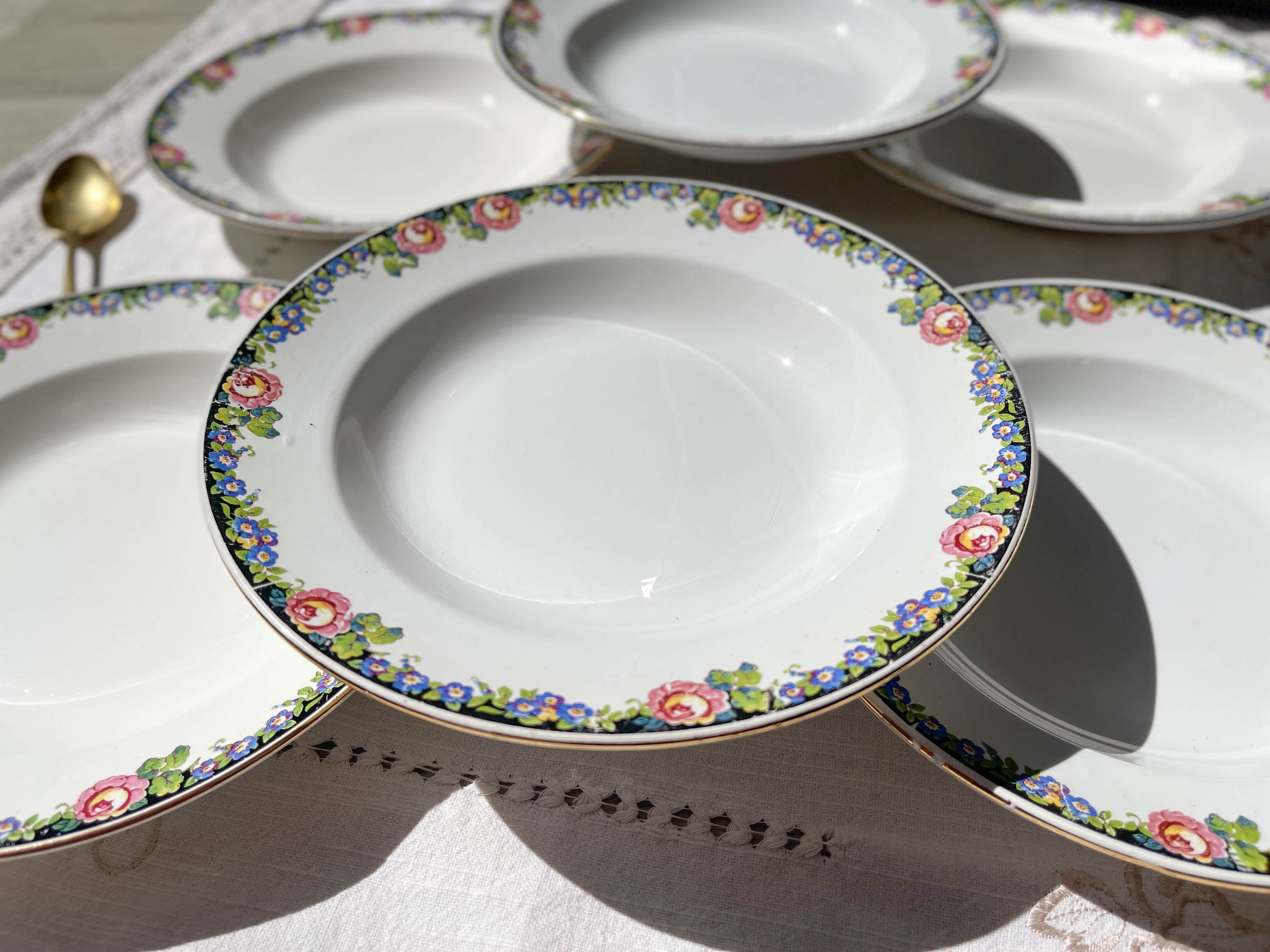 6 Digoin opaque porcelain soup plates with floral pattern "3984"